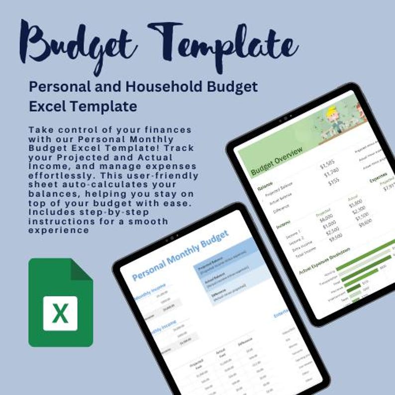May include: A blue and white digital template for a personal monthly budget. The template includes sections for income, expenses, and a budget overview. The template is designed to help users track their finances and stay on top of their budget.