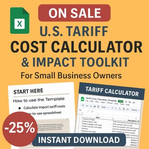 Könnte beinhalten: Werbung für einen US-Zollkostenrechner und ein Impact-Toolkit für kleine Unternehmen. Das Bild enthält den Text "ON SALE -25%" und "INSTANT DOWNLOAD". Eine Tabelle und ein Dokument mit Anweisungen sind ebenfalls abgebildet.