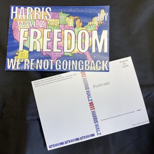 Postal para votantes, Harris-Walz, EE. UU. Mapa "Libertad", "No vamos a volver atrás"