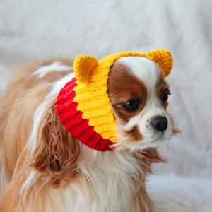 May include: A Cavalier King Charles Spaniel wearing a handmade crochet dog hat. The hat features a yellow crown with two small ears and a red and yellow neckband. The dog has brown and white fur.