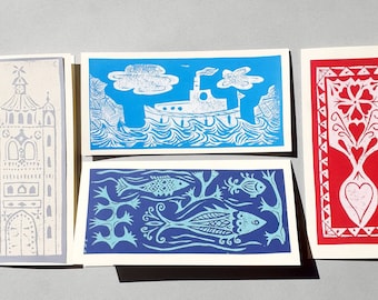 Set of 4 handprinted lino cut greetings cards with 4 x 1st class UK stamps