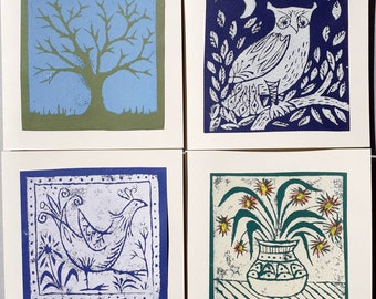 Set of 4 handprinted lino cut greetings cards, 13.5cm sq includes 1st class UK stamp