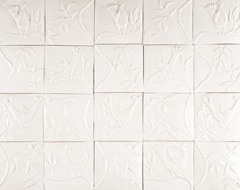 birds in a bush handmade porcelain tile panel
