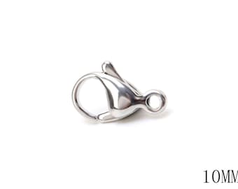 May include: A shiny, silver-colored lobster clasp, approximately 10mm in size, is displayed against a white background. The clasp features a spring-loaded mechanism and a small loop for attaching to jewelry or other items. The metal has a polished, reflective surface.