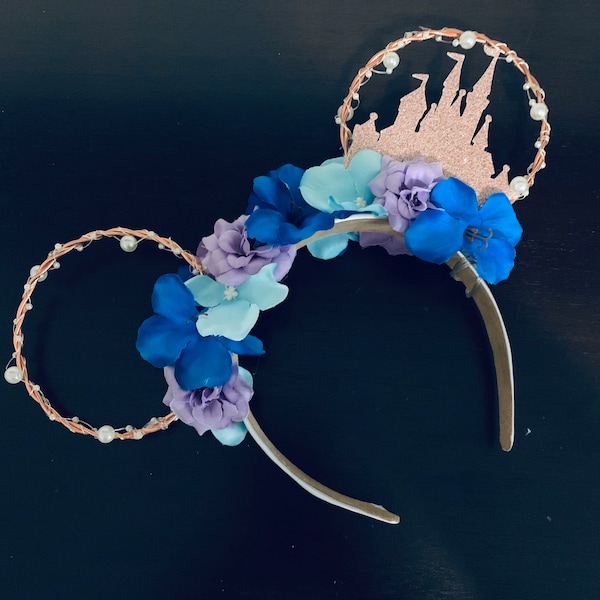 Spring ears, rose gold mouse ears, castle mouse ears, spring mouse ears,  floral wire ears, wire mouse ears,