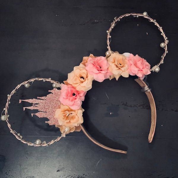 Floral Rose Gold Wire Mouse Ears Headband, floral wire ears, wire mouse ears, rose gold mouse ears, castle mouse ears, summer mouse ears