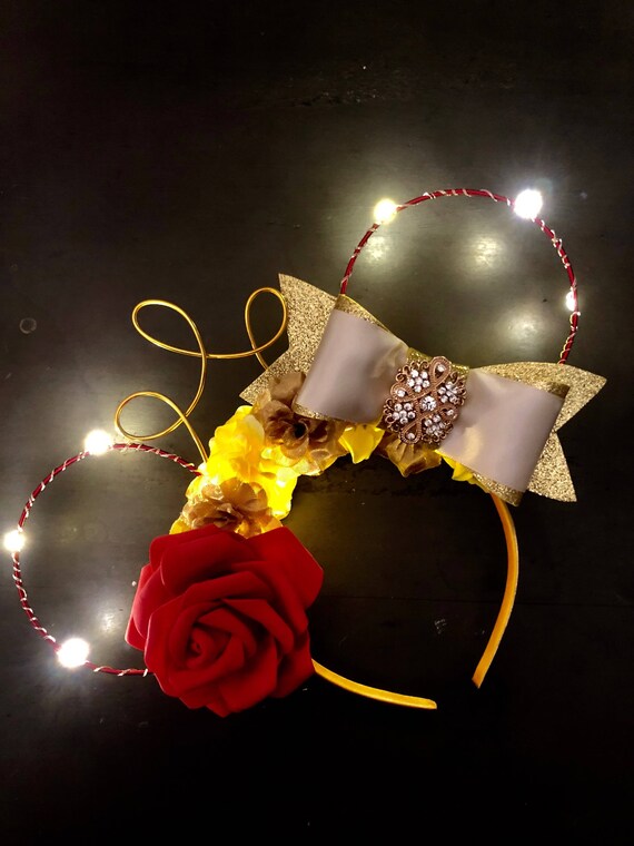 Disney Parks Light Up Red Rose Beauty /& the Beast Belle Minnie Bow Hair Clip