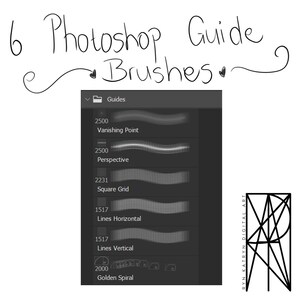 May include: An image with the text "6 Photoshop Guide Brushes" in a handwritten style. Below, a screenshot shows a list of Photoshop brushes, including "Vanishing Point," "Perspective," and "Square Grid." A geometric logo is in the lower right corner.