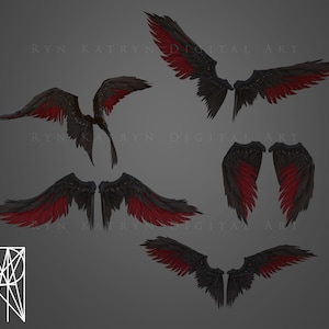 May include: Five different views of a pair of black wings with red tips. The wings are spread out and appear to be feathered.