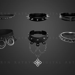 May include: Six different black leather chokers with silver accents. Some chokers have studs, spikes, chains, and rings.  The chokers are arranged in two rows of three.