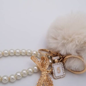 Pearl Chain, Crystal Bottle& Bow Pompom Car Keychain