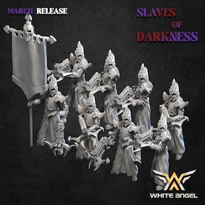 May include: A set of eight gray plastic miniatures depicting figures in hooded robes and holding weapons. The figures are posed in a variety of action poses. The miniatures are labeled "Slaves of Darkness" and "White Angel".