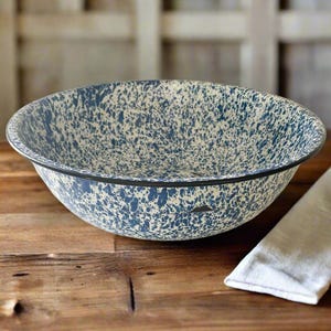 Large Vintage Blue & White Enamel Splatterware Bowl | 16″ Rustic Farmhouse Enamelware