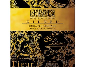 Könnte beinhalten: Schwarze und goldene dekorative Schilderbögen. Die Bögen zeigen eine Fuchsgrafik, verzierte florale Designs und den Text "GILDED", "CURATED SIGNAGE" und "QUEEN OF LOTIONS". Jedes Blatt misst 30,5 cm x 40,6 cm.