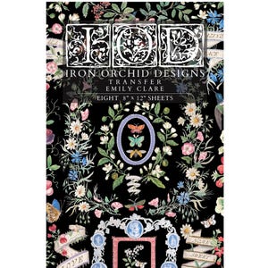 May include: A black sheet with floral and butterfly designs, with the text "IRON ORCHID DESIGNS TRANSFER EMILY CLARE EIGHT 8" x 12" SHEETS". The design includes a central oval with butterflies and floral accents.
