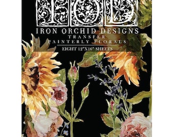 May include: A black background with the text "IOD Iron Orchid Designs Transfer Painterly Florals" and a floral design. The image features sunflowers, roses, and lavender. The product includes eight 30.5cm x 40.6cm sheets.