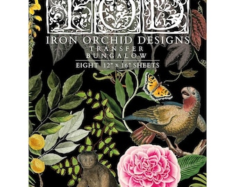 May include: A black sheet with a botanical design featuring a parrot, monkey, butterfly, and pink flower. The text "Iron Orchid Designs Transfer Bungalow" is displayed in white, along with "Eight 12" x 16" Sheets."