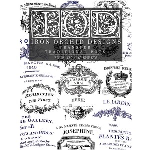 May include: A sheet of Iron Orchid Designs transfer paper with various vintage-style graphics in black and navy blue. The sheet measures 12 x 16 inches and features text and illustrations suitable for decorating pots and other craft projects.