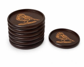 Vintage Redbreast Wooden Coaster Set of 8 - Engraved Robin Barware