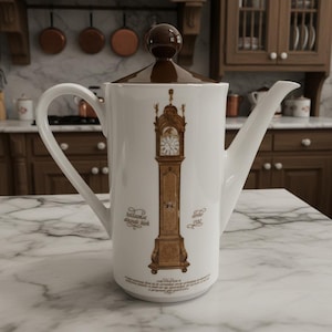May include: White ceramic coffee pot with a brown lid and handle. The pot features a detailed illustration of a grandfather clock in shades of brown and gold. The pot has a long spout and a curved handle.