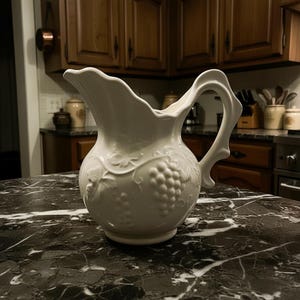 May include: A white ceramic pitcher with a decorative grape and leaf design. The pitcher has a curved handle and a scalloped rim. The pitcher is likely used for serving beverages. The pitcher is sitting on a dark marble countertop.