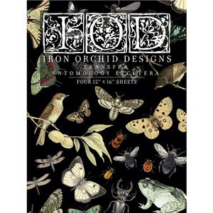 May include: Black background with various insects and birds, including butterflies, moths, and beetles. The text "Iron Orchid Designs Transfer Entomology Etcetera" is displayed. The image is of four 12" x 16" sheets.