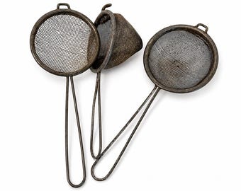 Vintage Metal Mesh Strainers - Set of 3 Rustic Kitchen Sieves