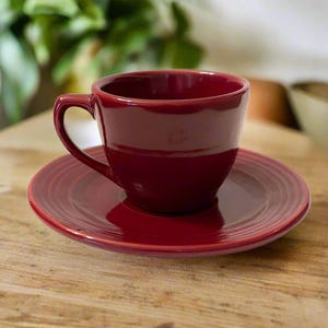 Vintage Bauer Pottery Monterey Burgundy Cup & Saucer | California USA | 1936–1945