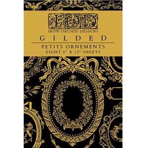 May include: A sheet of gilded petits ornements with a black background and gold decorative elements. The sheet is 8" x 12" and features ornate frames, floral designs, and the Iron Orchid Designs logo.