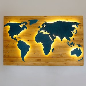 Wooden world Map with LED lights! Wall hanging home decor eco friendly sustainable art, office  map, traveler gift, living room, bedroom