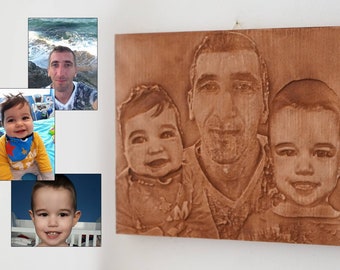 Your family portrait engraved on wood carving, 3d wood panel
