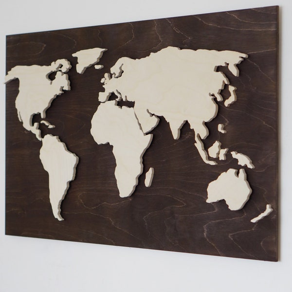 Wooden world map black base light up wall décor, custom wall map with ambient light, interior design for wall hanging and 3D wall art effect