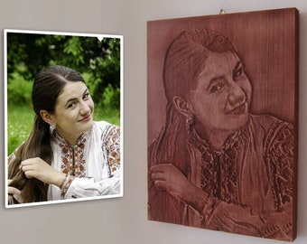 Custom Wood Carved Portrait: Personalized Engraved Beech Wood Relief