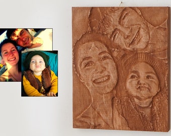 Custom Wood Carved Family Portrait: Engraved Photo Relief