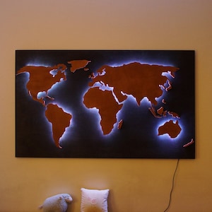 RGB LED leuchtende Holz Weltkarte BLACKBROWN Edition Bunte hängende 3d Wanddekoration Weltkarte Büro Weltkarte wechselnden Farben
