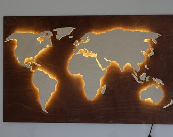 LED Wood World Map: 3D Wall Art, Home Decor