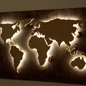 Wood World Map wall art, Flat earth, LED world map as wall decor and art decoration for wall hanging, ambient light decor image 1