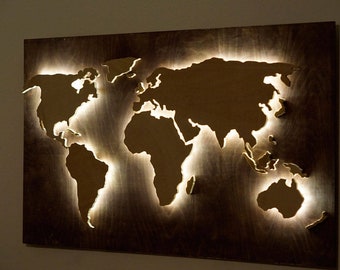 Wood World Map wall art, Flat earth, LED world map as wall decor and art decoration for wall hanging, ambient light decor