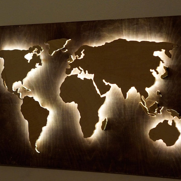 Arte de pared del mapa del mundo de madera, tierra plana, mapa del mundo LED como decoración de pared y decoración de arte para colgar en la pared, decoración de luz ambiental