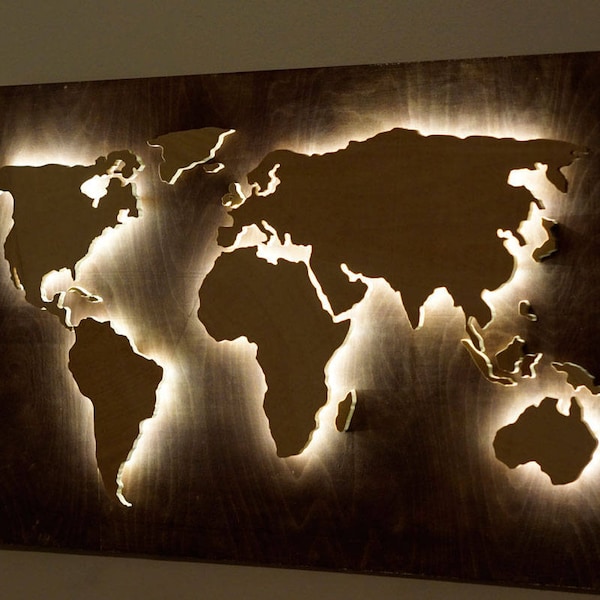 LED Wood World Map Wall Art – Lighted and Large Rustic Home Decor – Travel Gift