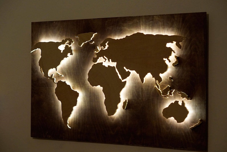 Wood World Map wall art, Flat earth, LED world map as wall decor and art decoration for wall hanging, ambient light decor image 1