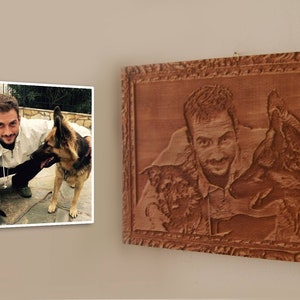 Custom Pet Portrait: Engraved Wood Carving, Dog & Cat Memorial