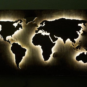 Wood World Map wall art, Flat earth, LED world map as wall decor and art decoration for wall hanging, ambient light decor image 4