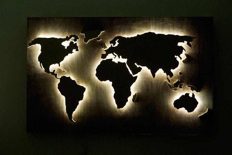 Wood World Map wall art Flat earth LED world map as wall Etsy