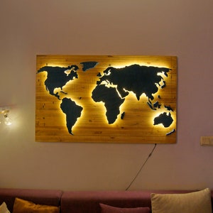 Einweihungsgeschenk, cooles Einweihungsgeschenk, Weltkarte aus Holz mit LED-Lichtern! Umweltfreundliches Dekor, nachhaltige Kunst, Reisegeschenk, neues Zuhause