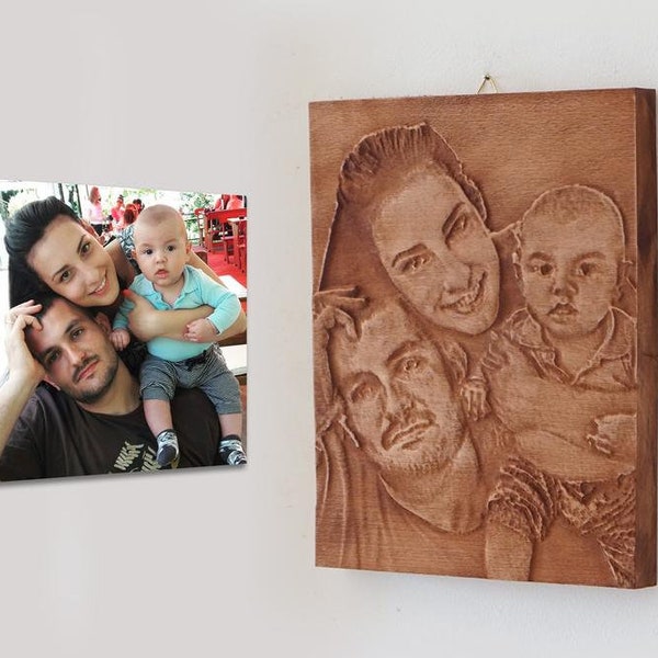 Idée cadeau pour la fête des pères, sculpture sur bois d'un portrait de famille, sculpture sur cadre personnalisée avec relief 3D pour cadeau de mariage, cadeau d'anniversaire