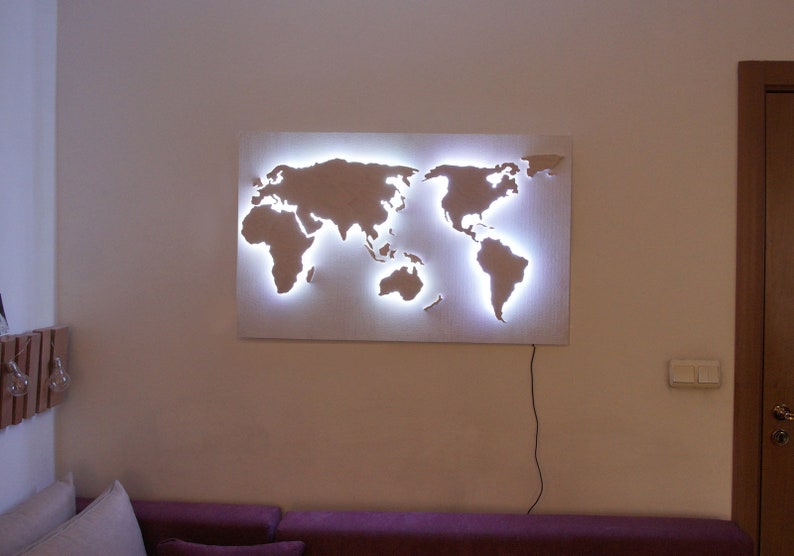 Large world map light up wall art with ambient lightwood Etsy