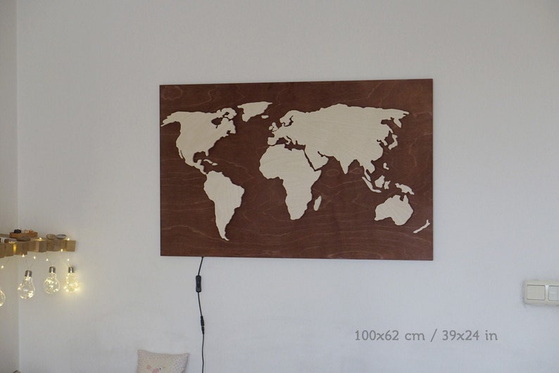 Wood World Map wall art, Flat earth, LED world map as wall decor and art decoration for wall hanging, ambient light decor image 5