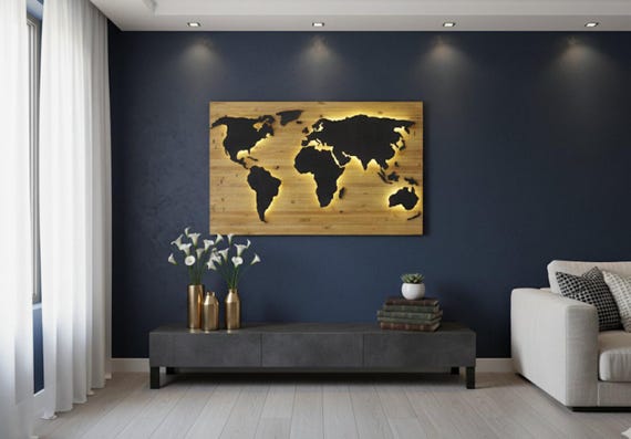 LED Wooden World Map: Pallet Wood Sustainable Wall Art with DHL shipping to USA