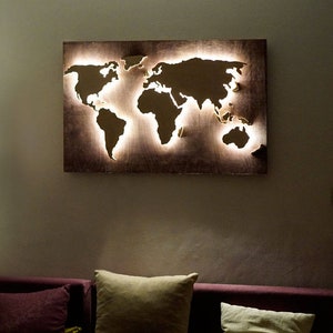 Wood World Map wall art, Flat earth, LED world map as wall decor and art decoration for wall hanging, ambient light decor image 8